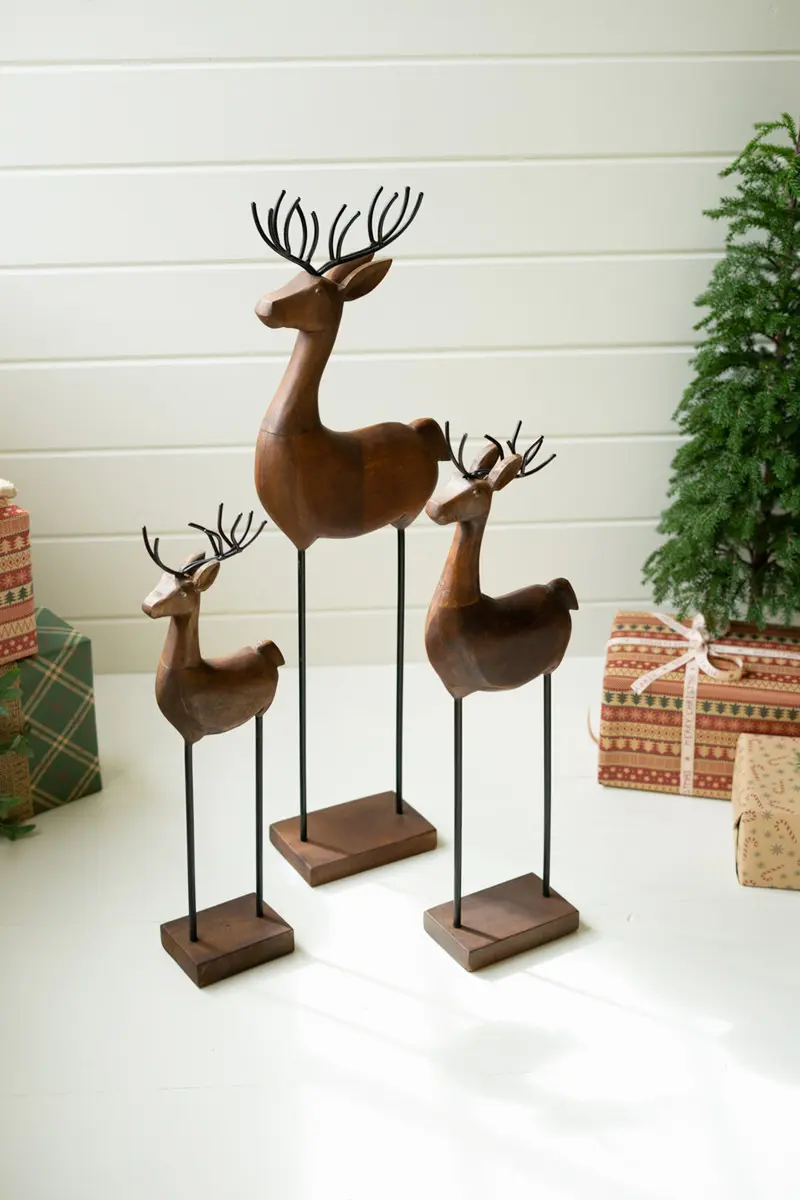 Carved Wood And Iron Reindeer On Bases Set Of 3 By Kalalou