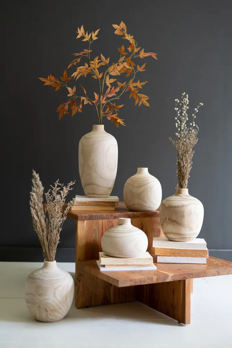 Carved Wooden Bulb Vases - One Each Design Set Of 5 By Kalalou