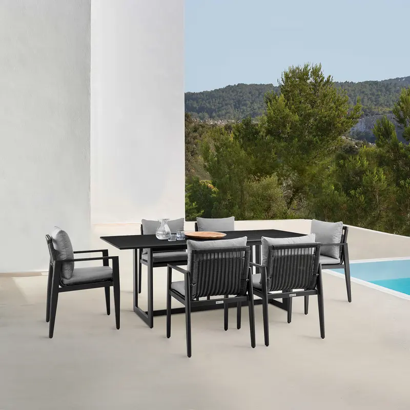 Cayman Outdoor Patio 7-Piece Dining Table Set in Aluminum with Gray Cushions By Armen Living