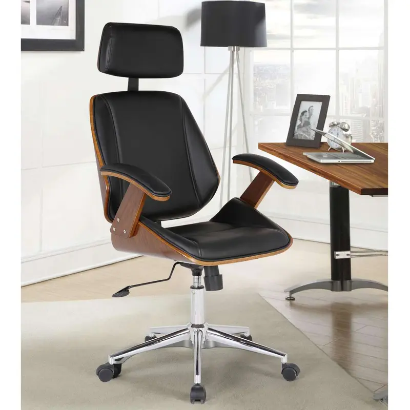 Century Office Chair with Multifunctional Mechanism in Chrome finish with Black Faux Leather and Walnut Veneer Back By Armen Living