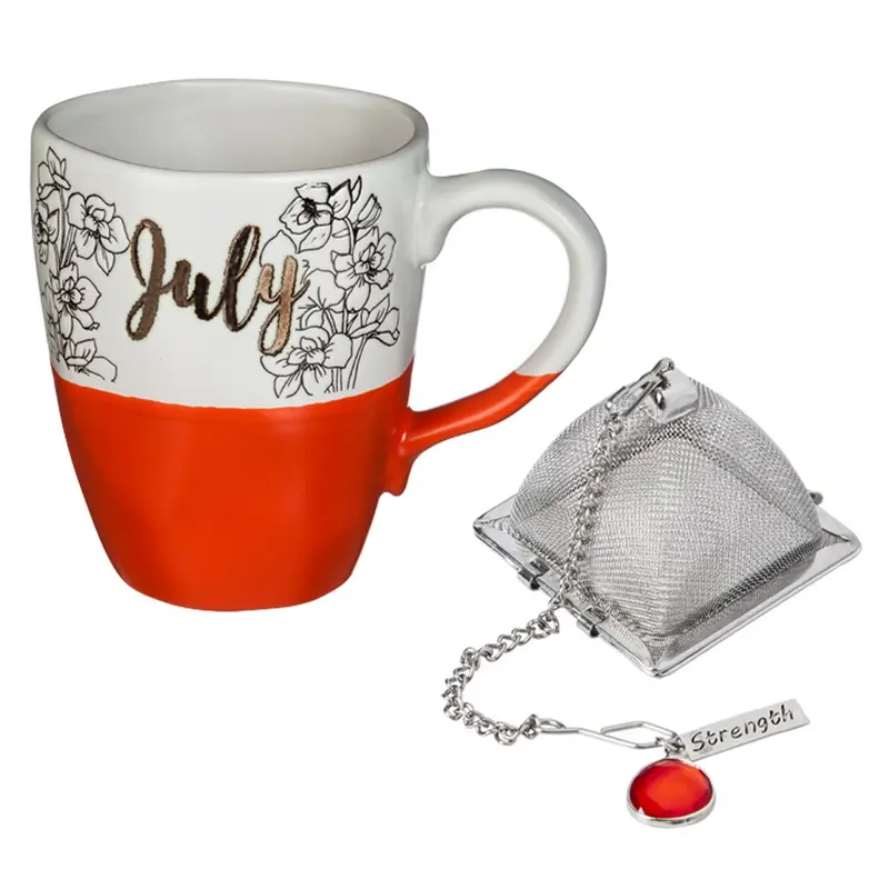 Ceramic Birthday Cup w/ metallic accent, Tea Charm, and box, 16 OZ., July,3amh6837g