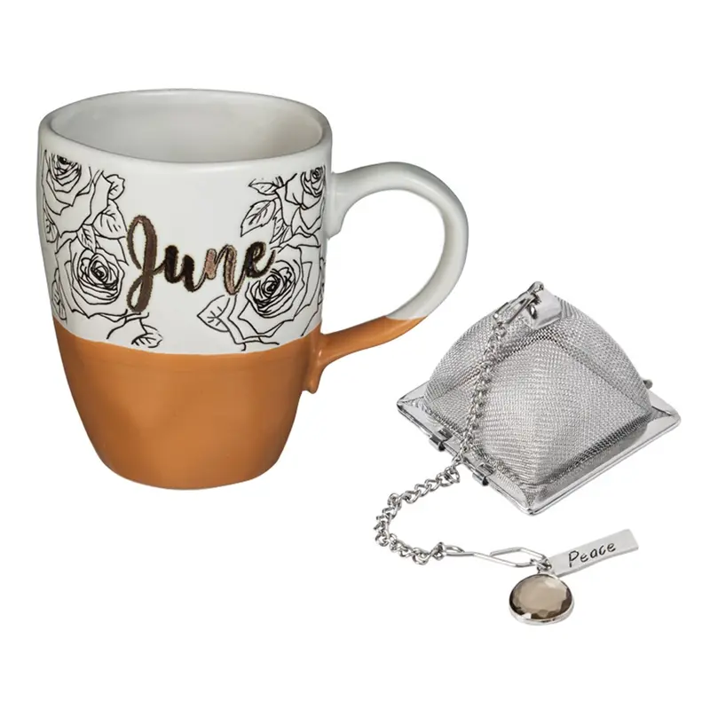 Ceramic Birthday Cup w/ metallic accent, Tea Charm, and box, 16 OZ., June,3amh6837f