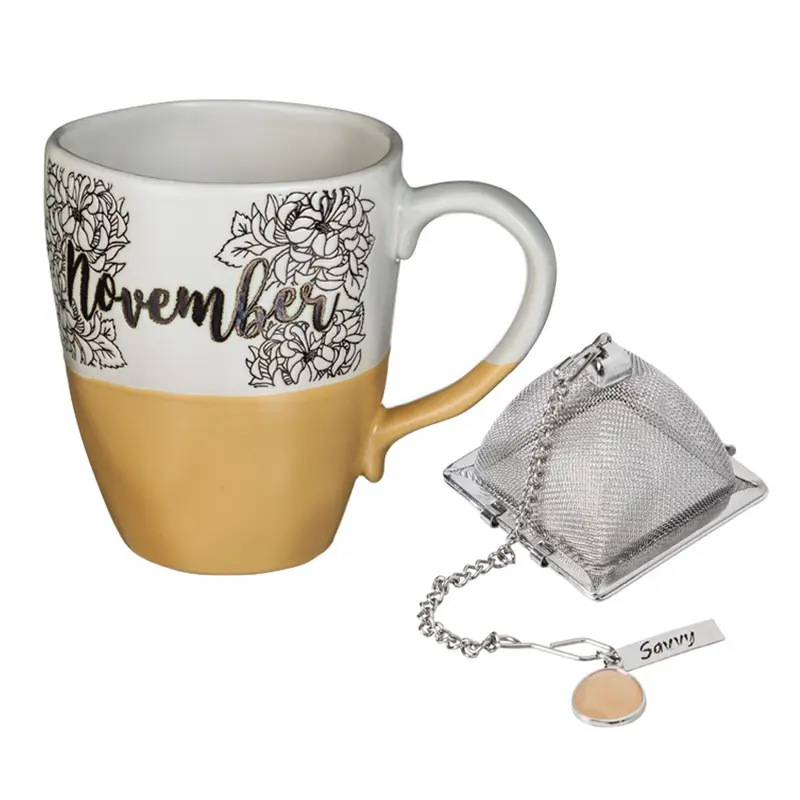 Ceramic Birthday Cup w/ metallic accent, Tea Charm, and box, 16 OZ., November,3amh6837k