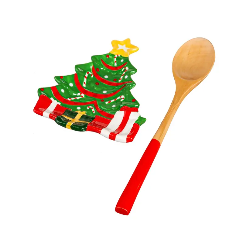 Ceramic Christmas Tree Spoon Rest with Wooden Spoon Gift Set in 12 SET Total CDU