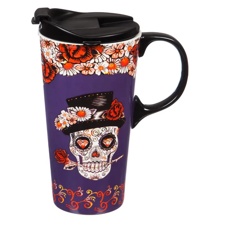 Ceramic Perfect Travel Cup, 17oz, w/ Gift Box, Day of the Dead Purple