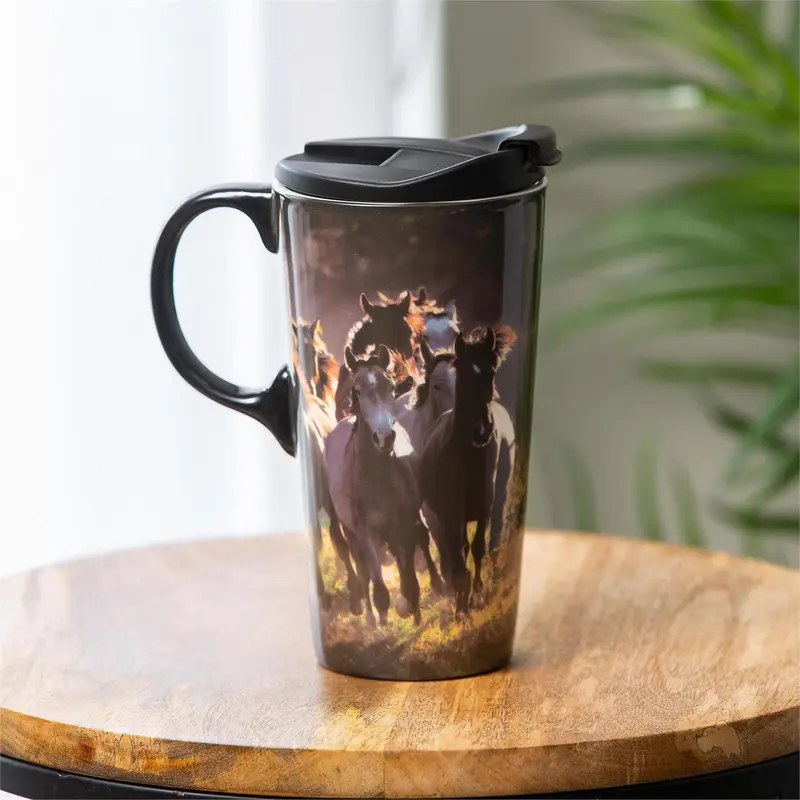 Ceramic Perfect Travel Cup, 17oz, w/ Gift Box, Running Horses