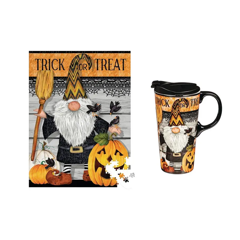 Ceramic Perfect Travel Cup and Puzzle Gift Set, 17oz, w/ Box, Trick Or Treat Gnome