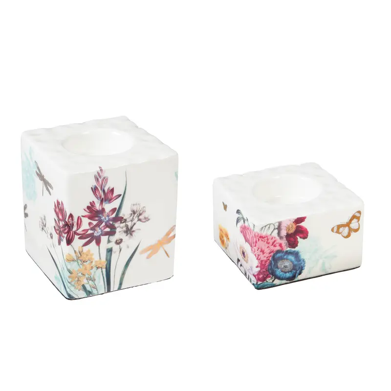 Ceramic Square Tealight Holder, Vivid Bouquet, Set of 2,3th7057c