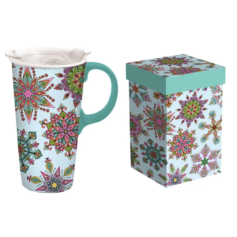 Ceramic Travel Cup, 17 OZ. ,w/box, Floral Kaleidoscope