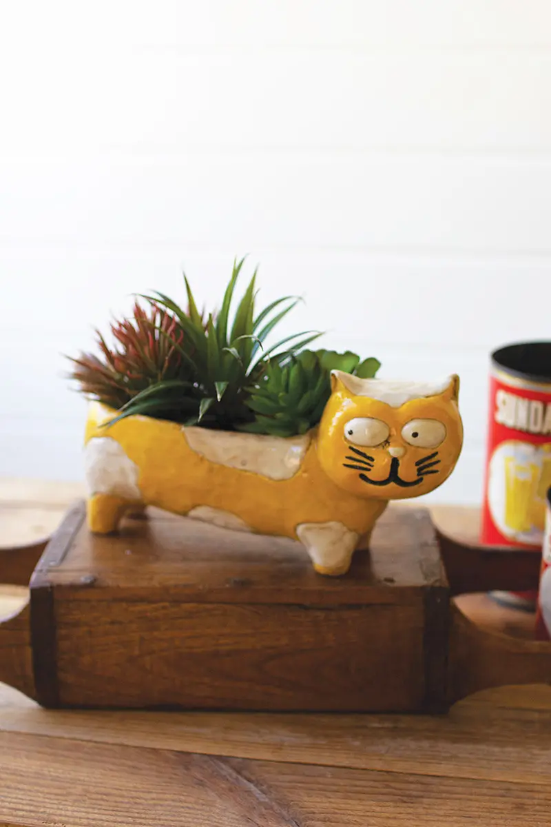 Ceramic Yellow And White Cat Planter (Min 2) By Kalalou
