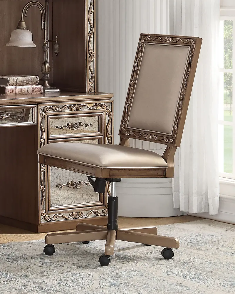 Champagne Fau Leather Upholstered (Seat) and Antique Gold Wood Eecutive Office Chair By Homeroots
