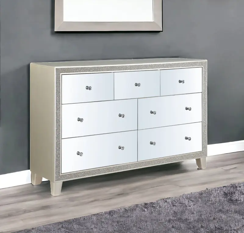 Champagne Solid and Manufactured Wood Mirrored Seven Drawer Triple Dresser By Homeroots