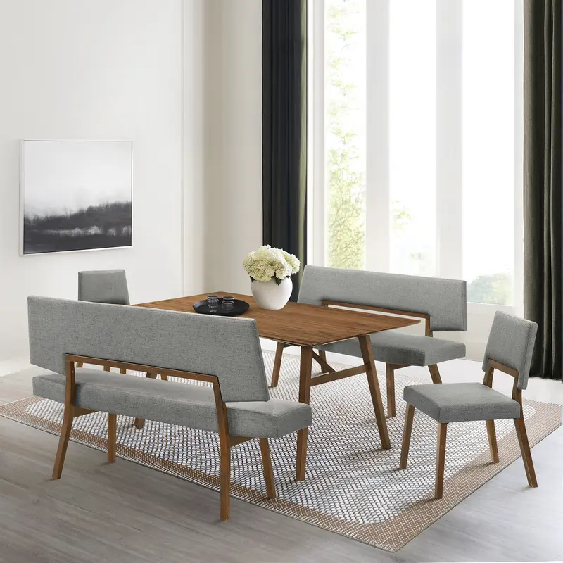 Channell 5 Piece Walnut Wood Dining Table Set with Benches in Charcoal Fabric By Armen Living