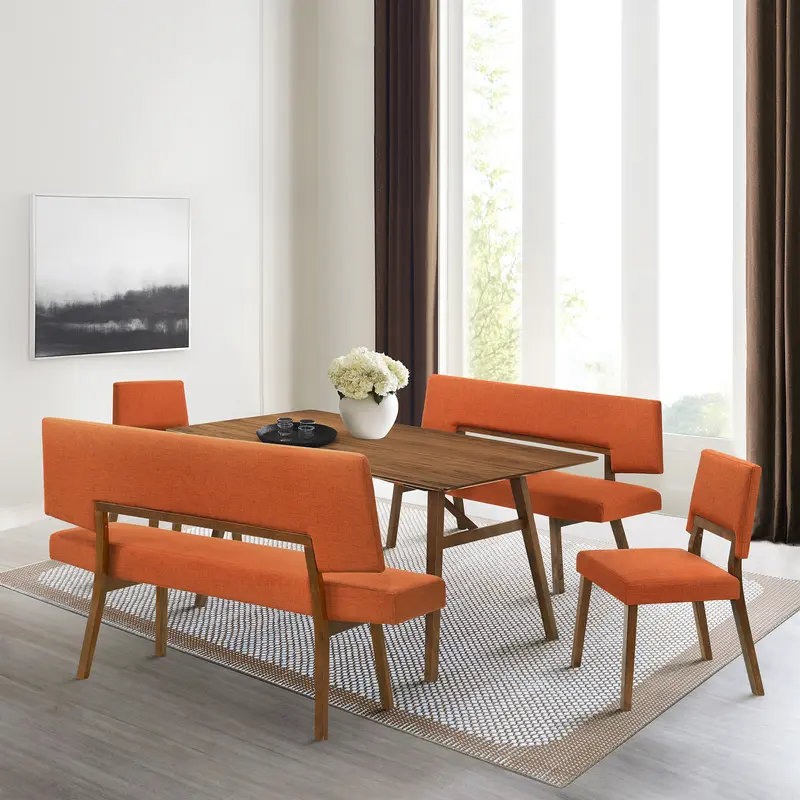 Channell 5 Piece Walnut Wood Dining Table Set with Benches in Orange Fabric By Armen Living