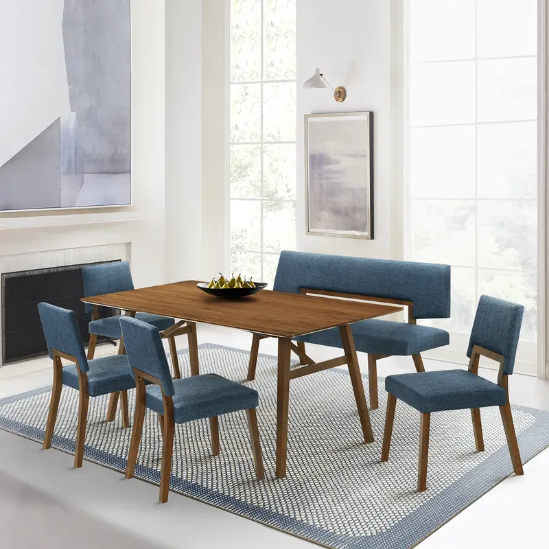 Channell 6 Piece Walnut Wood Dining Table Set with Bench in Blue Fabric By Armen Living