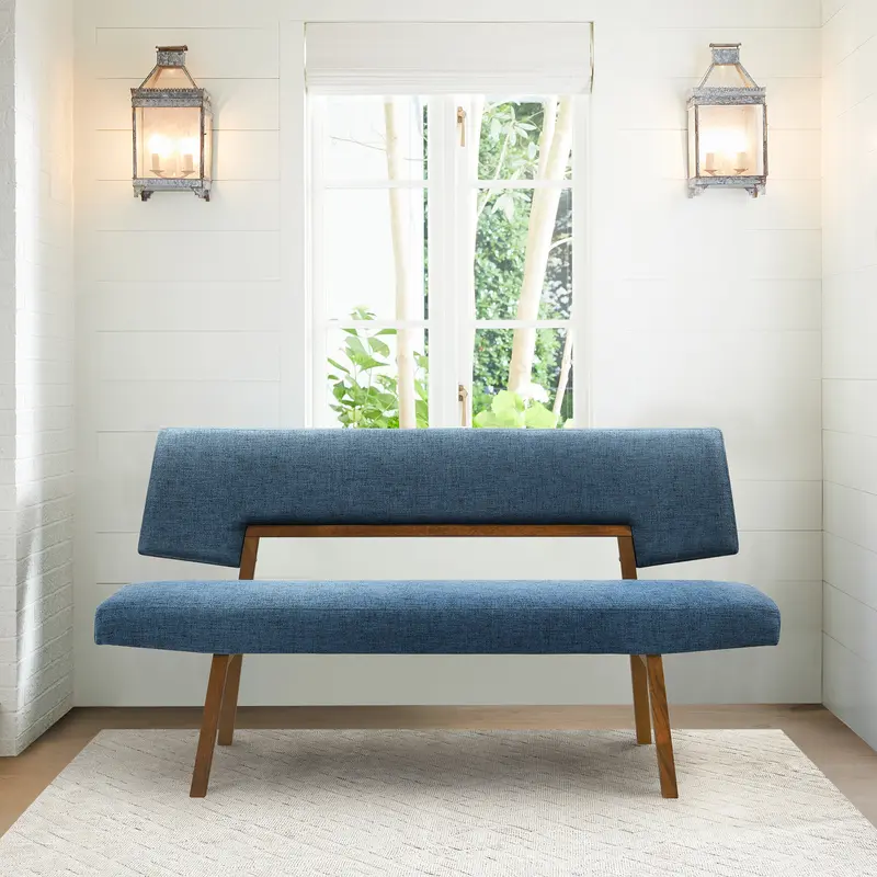 Channell Wood Dining Bench in Walnut Finish with Blue Fabric By Armen Living