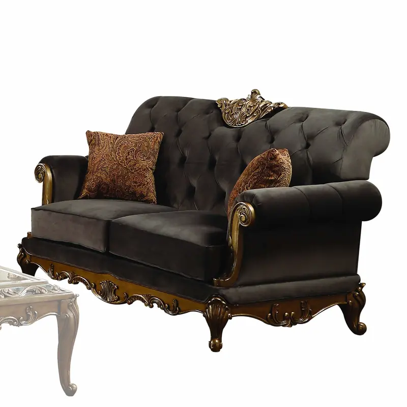 Charcoal Fabric Antique Gold Upholstery Wood LegBase Loveseat w Pillows By Homeroots