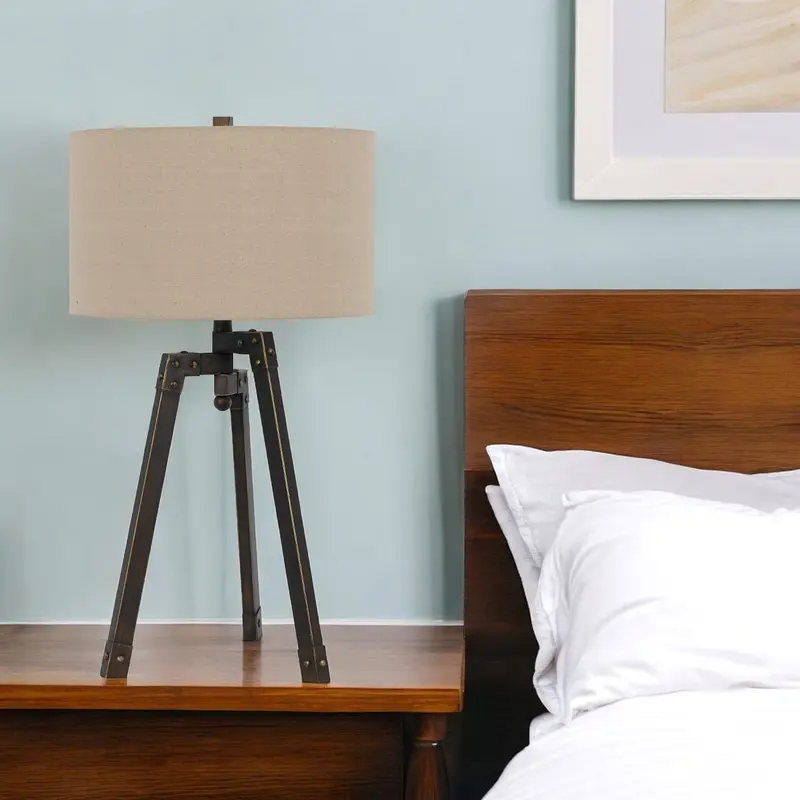 Charcoal Metal Tripod Table Lamp With Tan Drum Shade By Homeroots
