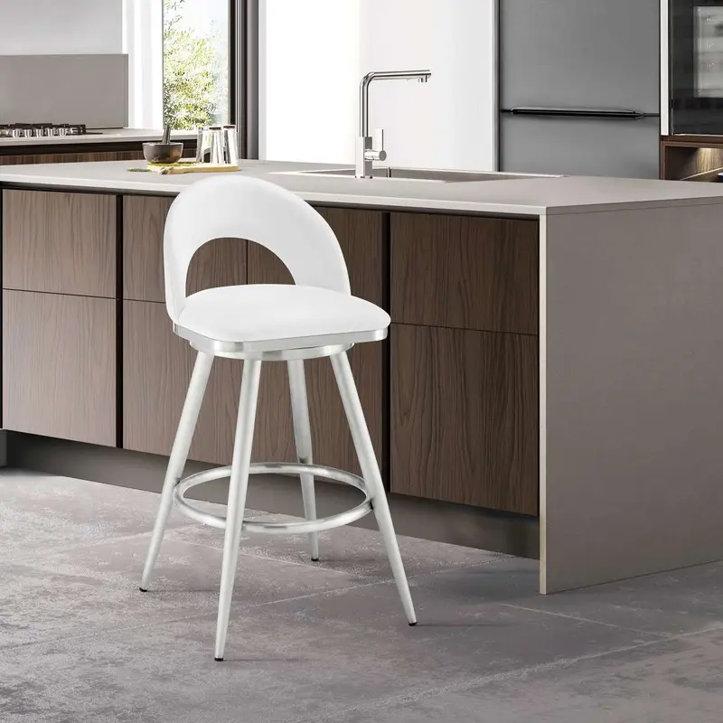 Charlotte 26" Swivel Counter Stool in Brushed Stainless Steel with White Faux Leather By Armen Living
