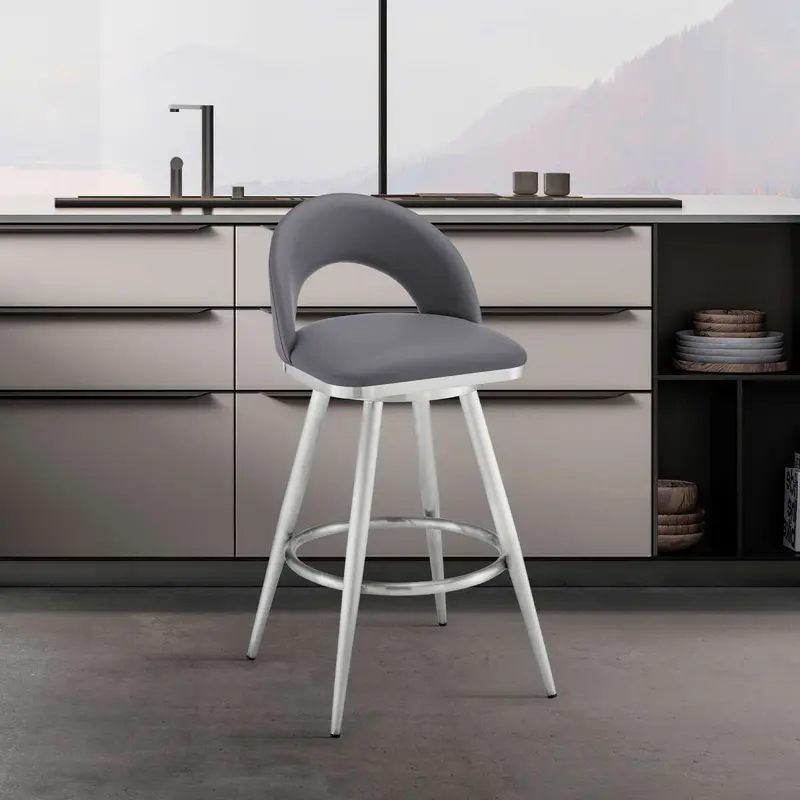 Charlotte 30" Swivel Bar Stool in Brushed Stainless Steel with Gray Faux Leather By Armen Living