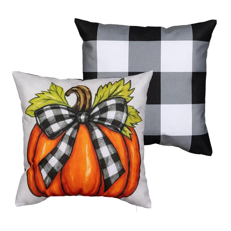 Checkered Bow Pumpkin Pillow Cover