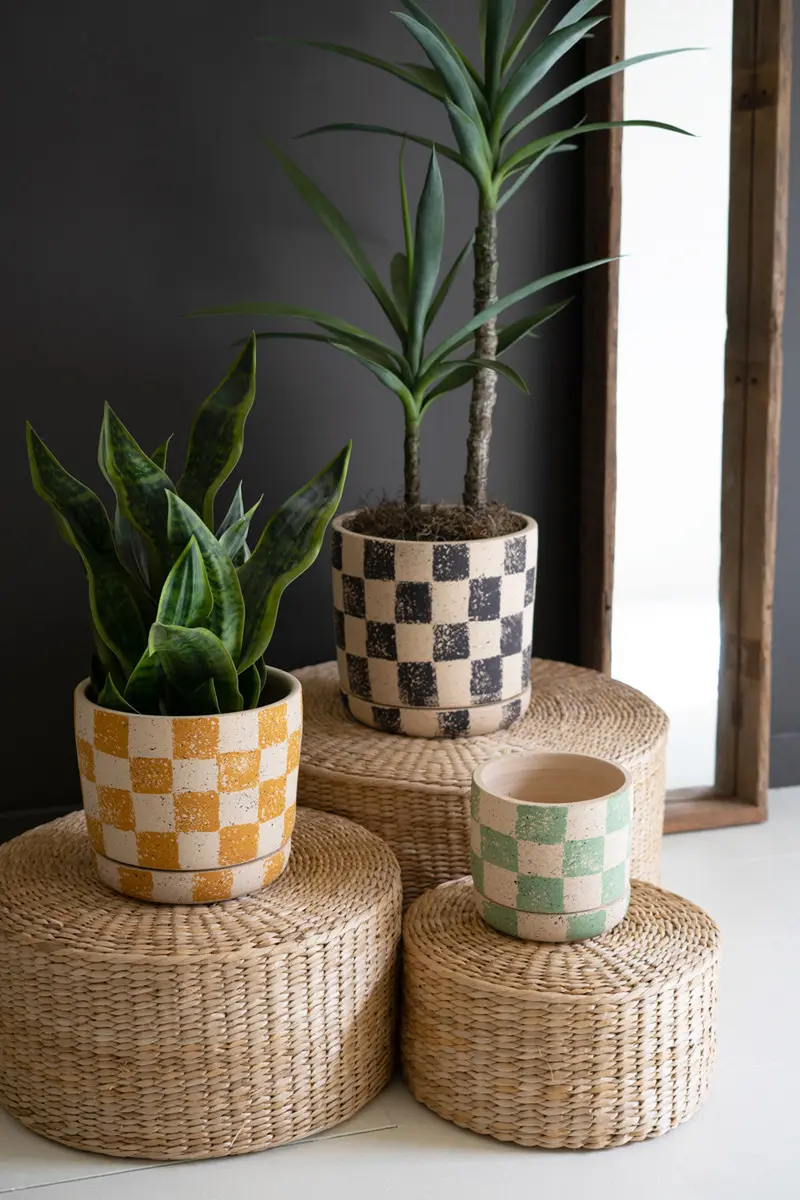 Checkered Clay Planters With Trays Set Of 3 By Kalalou