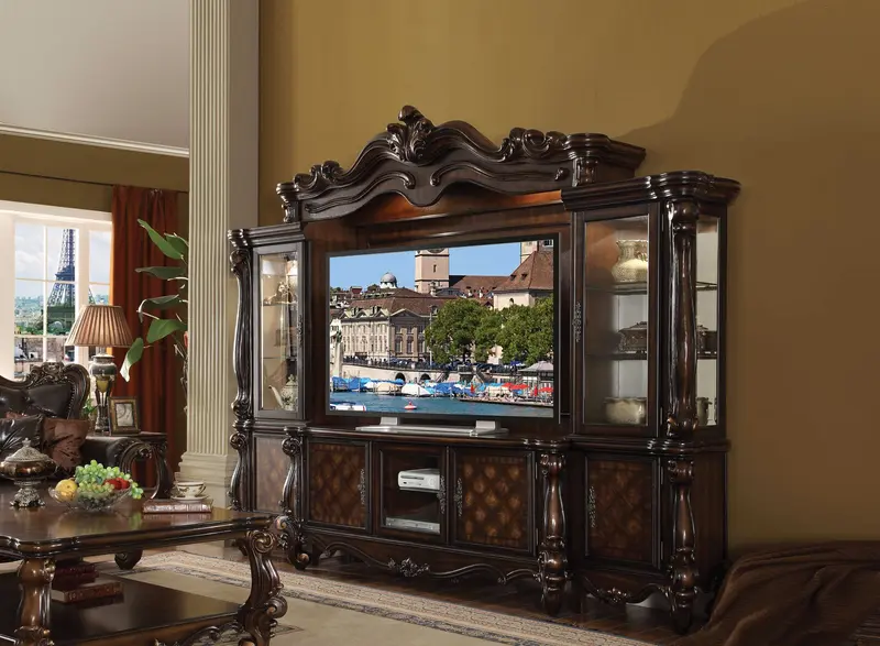 Cherry Oak Wood Poly Resin Glass Entertainment Center By Homeroots - 348657