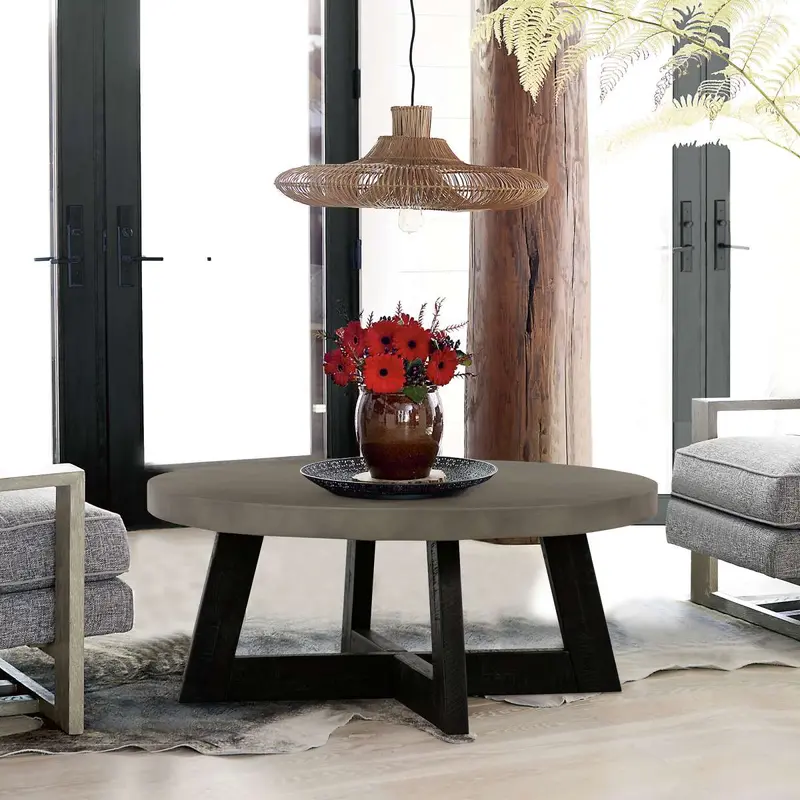Chester Modern Concrete and Acacia Round Coffee Table By Armen Living
