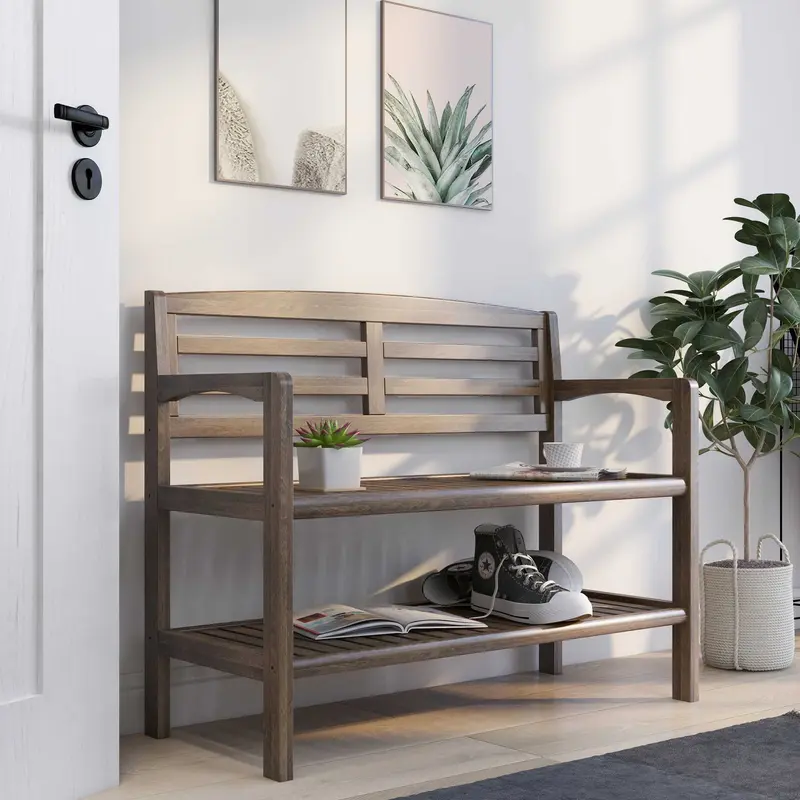 Chestnut Finish Solid Wood Slat Bench with High Back and Shelf By Homeroots
