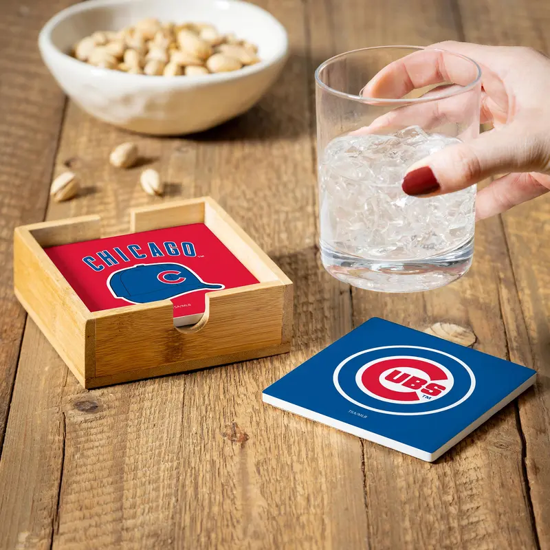 Chicago Cubs Ceramic Coasters Set, 4pcs with Wood Caddy