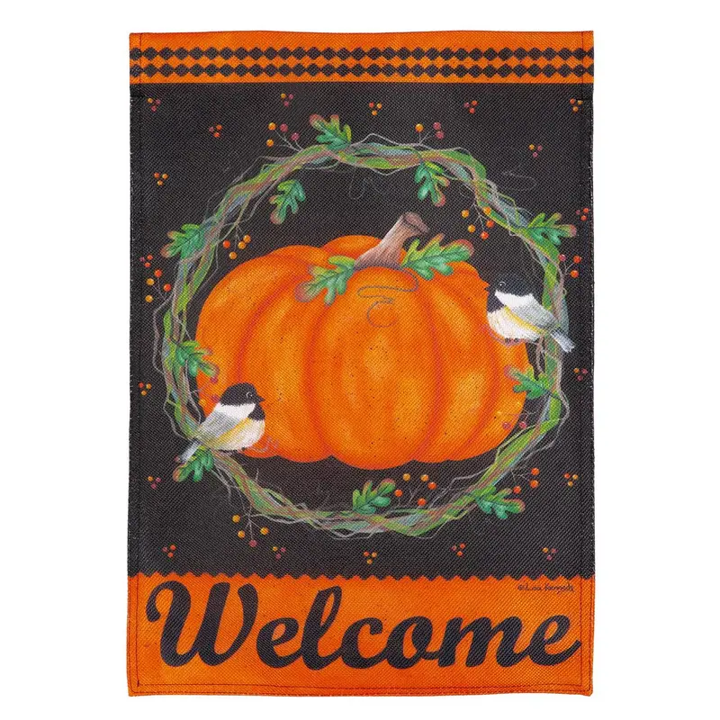 Chickadee and Pumpkin Burlap House Flag