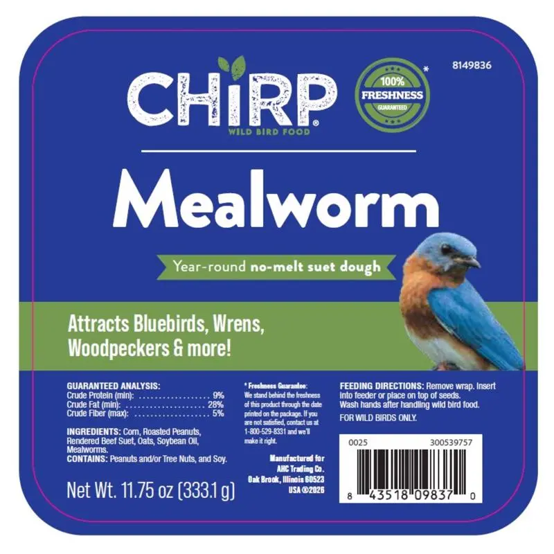Chirp Mealworm No Melt Suet Mealworm Suet 11.75 oz (Pack of 12)