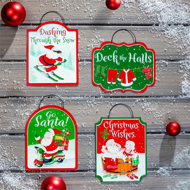 Christmas Vacation Garden Accent, Printed Metal Hanging Sign, Holiday Santa, Asst of 4