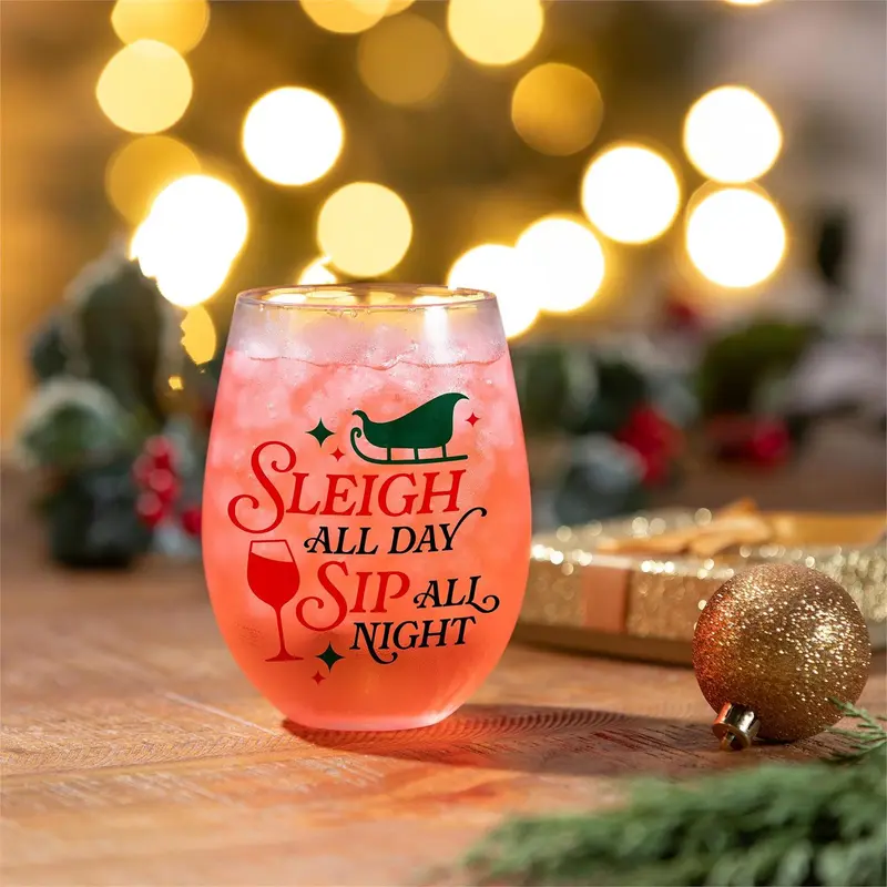 Christmas Vacation Wine Glass Stemless Glass, Sleigh All Day, 17oz, Gift Box