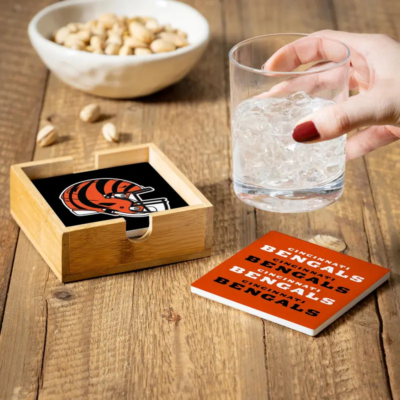 Cincinnati Bengals Ceramic Coasters Set, 4pcs with Wood Caddy