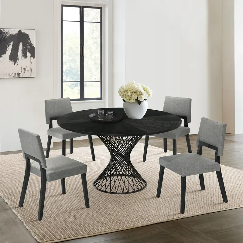 Cirque Channell 5 Piece Black Wood Dining Table Set with Charcoal Fabric By Armen Living