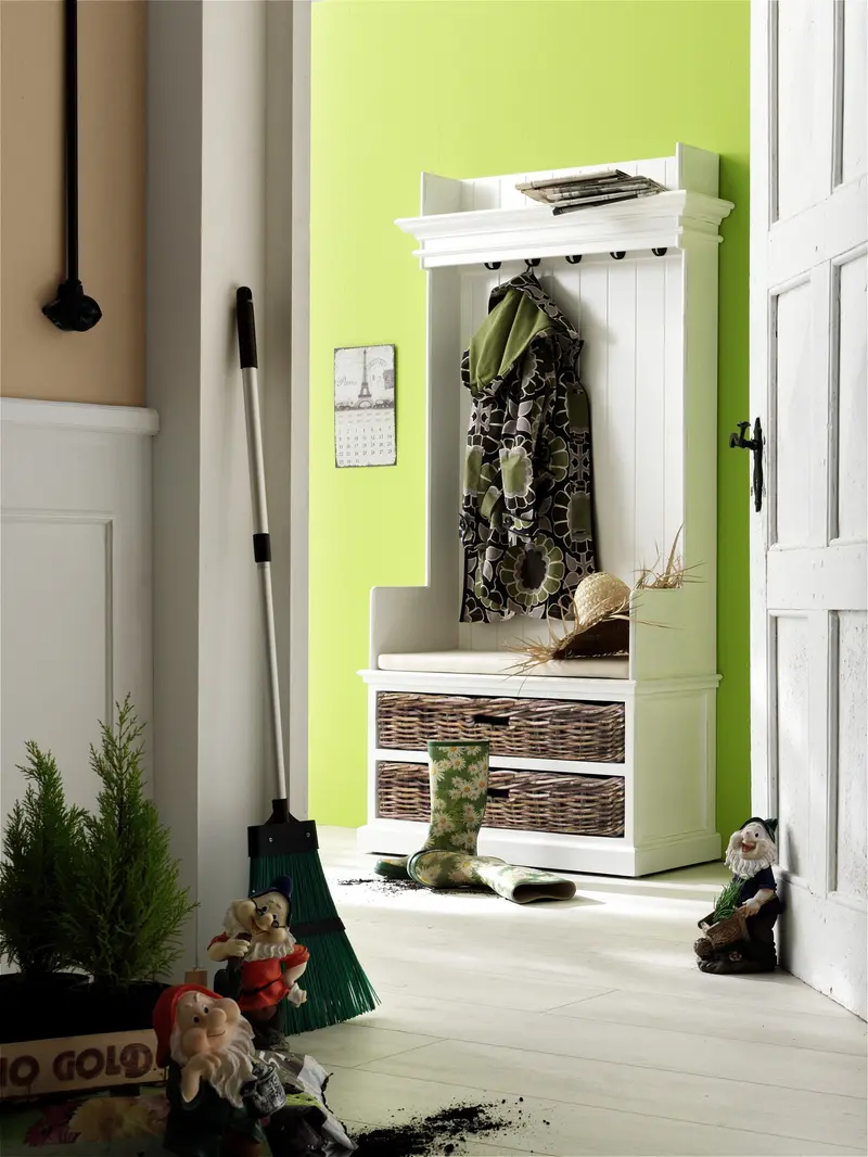 Classic White Entryway Coat Rack and Bench with Baskets By Homeroots