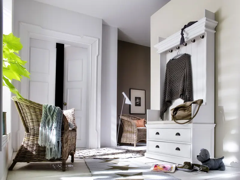 Classic White Entryway Coat Rack and Bench with Drawers By Homeroots
