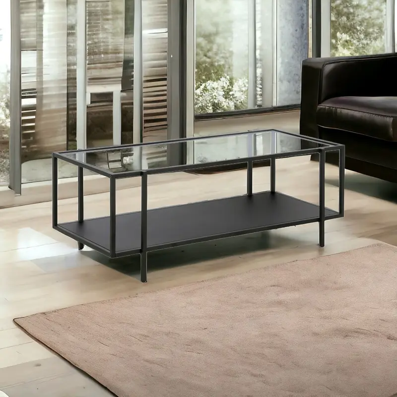 Clear And Black Glass And Steel Coffee Table With Shelf By Homeroots