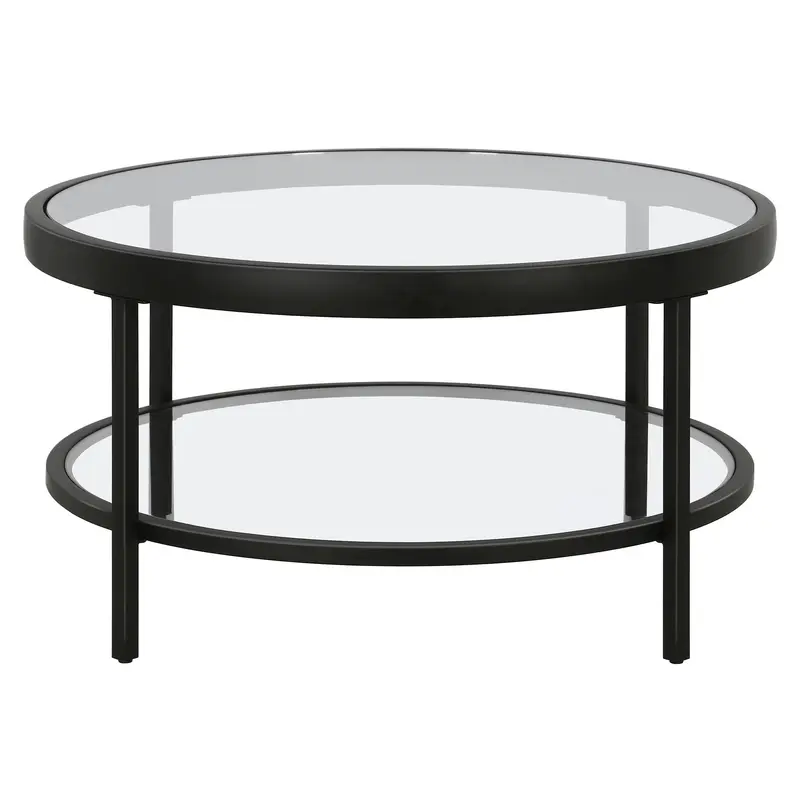 Clear And Black Glass And Steel Round Coffee Table With Shelf By Homeroots