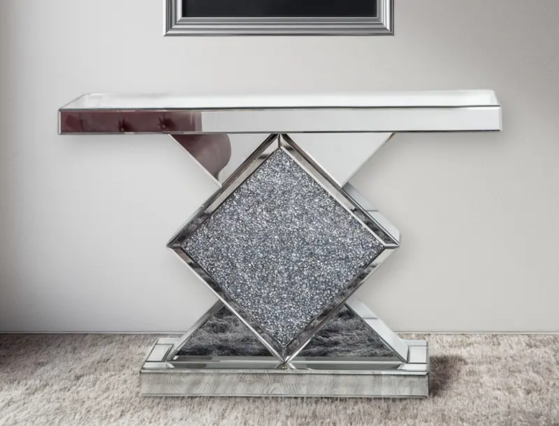Clear and Silver Mirrored Glass And Faux Crystals Pedestal Console Table By Homeroots