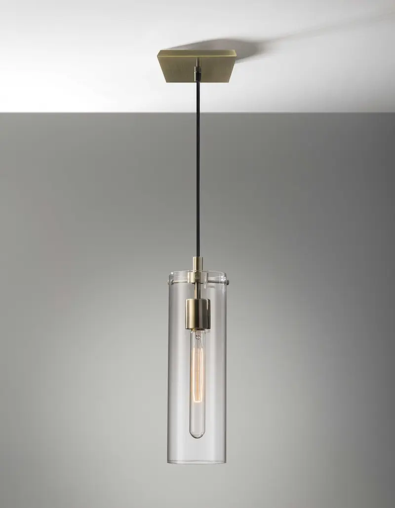 Clear Glass Cylinder Shade with Vintage Filament Bulb Antique Brass Metal Pendant By Homeroots