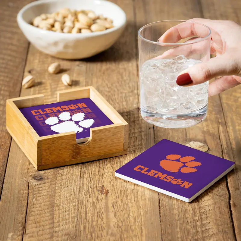 Clemson University Ceramic Coasters Set, 4pcs with Wood Caddy