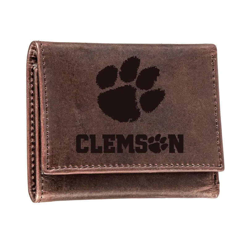 Clemson University, Tri-Fold Wallet, Brown, CH, 100% Genuine Leather