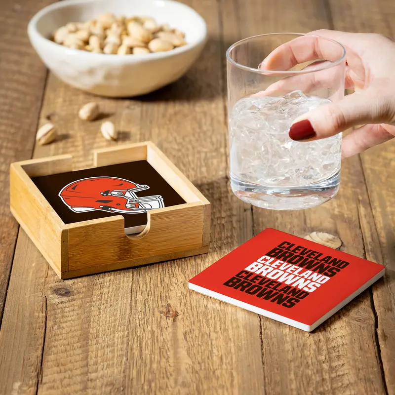 Cleveland Browns Ceramic Coasters Set, 4pcs with Wood Caddy