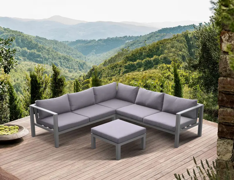 Cliff Outdoor Patio Aluminum Sectional in Grey Powder Coated Finish with Grey Fabric Cushions By Armen Living