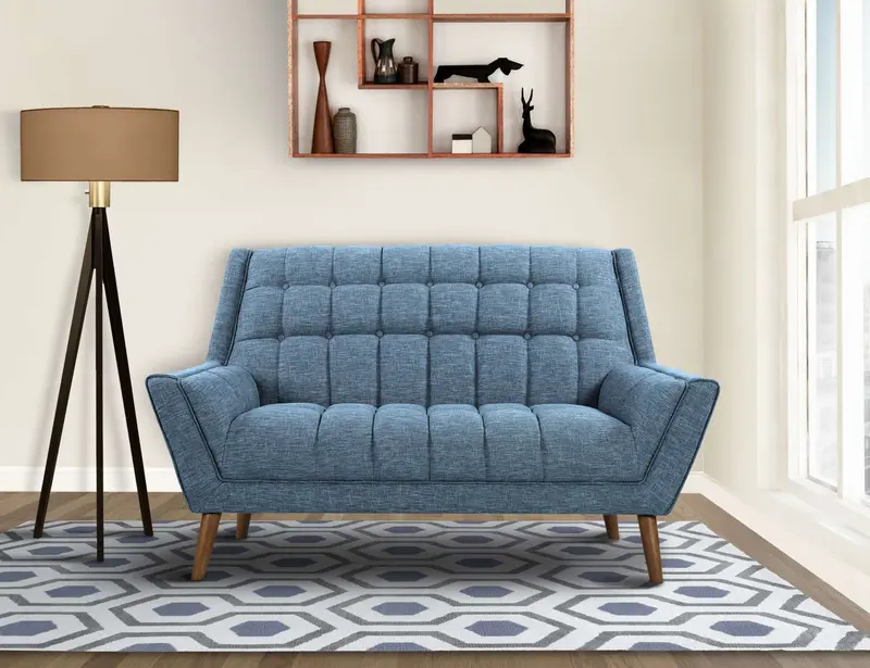 Cobra Mid-Century Modern Loveseat in Blue Linen and Walnut Legs By Armen Living