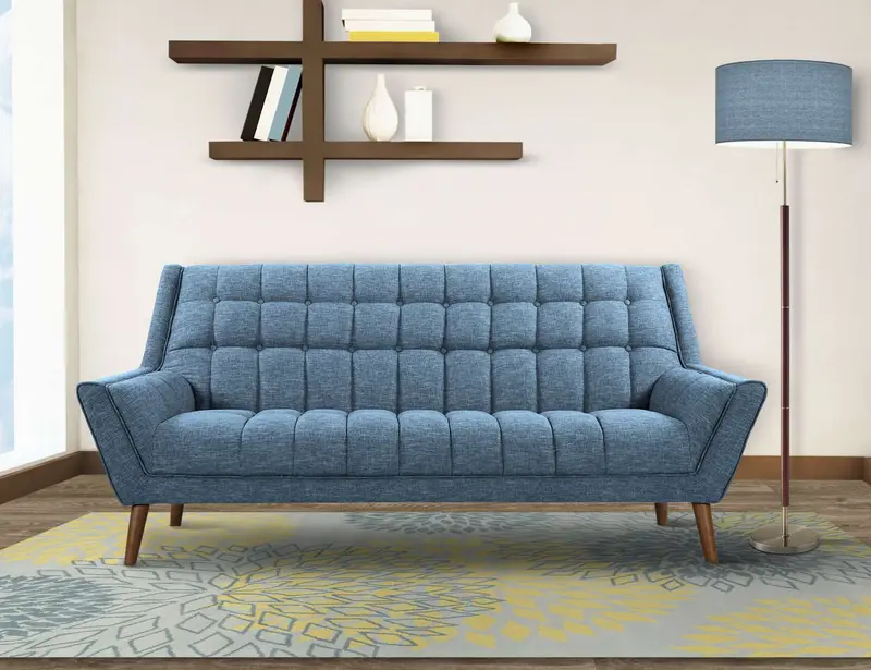 Cobra Mid-Century Modern Sofa in Blue Linen and Walnut Legs By Armen Living