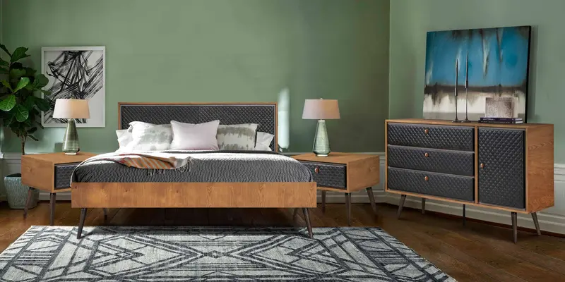 Coco Rustic 4 piece Upholstered Platform Bedroom Set in King with Dresser and 2 Nightstands  By Armen Living