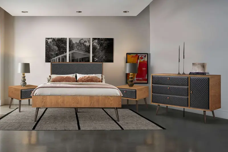 Coco Rustic 4 piece Upholstered Platform Bedroom Set in Queen with Dresser and 2 Nightstands  By Armen Living